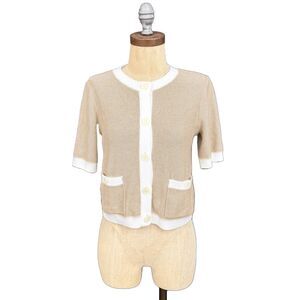 J.CREW Short-Sleeve Cardigan Sweater XS Heather Light Khaki White Collar NWT B63